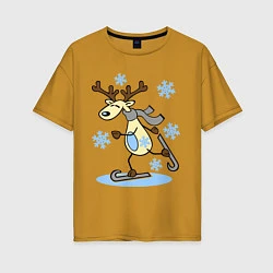 Женская футболка оверсайз Олень на лыжах