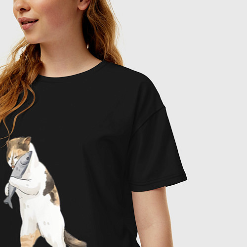 Женская футболка оверсайз Кот с рыбой / Черный – фото 3