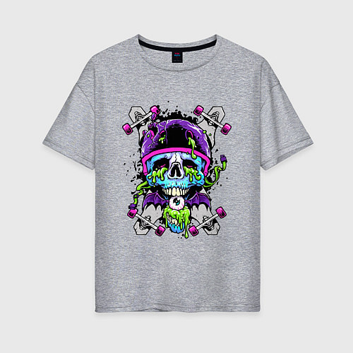 Женская футболка оверсайз Crazy skull - skateboard / Меланж – фото 1