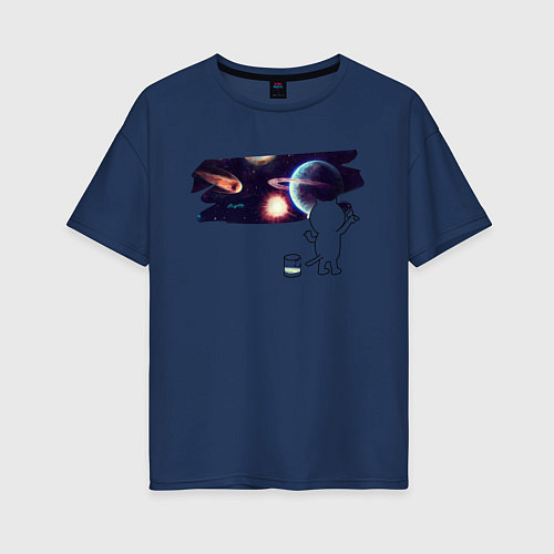Женская футболка оверсайз Котик рисует космос / Тёмно-синий – фото 1