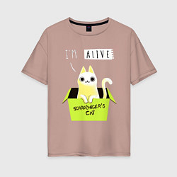 Футболка оверсайз женская Кот спереди жив, а сзади, цвет: пыльно-розовый