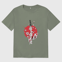 Футболка оверсайз женская Катана на фоне сакуры Z, цвет: авокадо