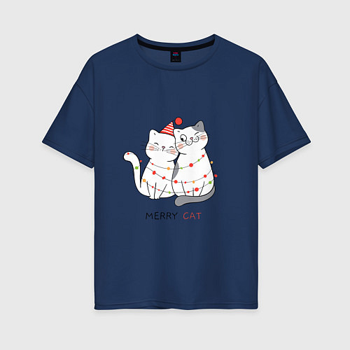 Женская футболка оверсайз Merry Cat / Тёмно-синий – фото 1