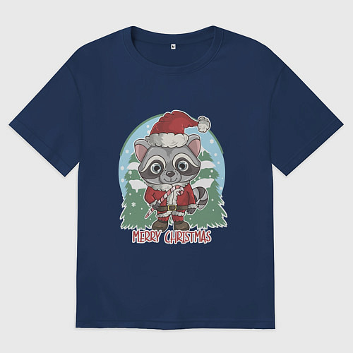 Женская футболка оверсайз Новогодний енот / Тёмно-синий – фото 1