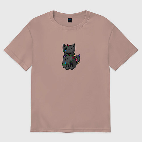 Женская футболка оверсайз Кото-ёлка / Пыльно-розовый – фото 1