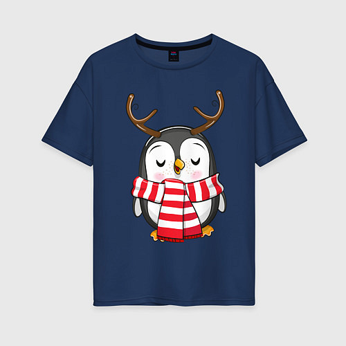 Женская футболка оверсайз Пингвин в шарфике / Тёмно-синий – фото 1