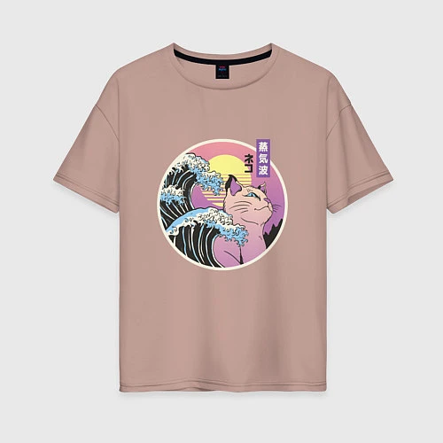 Женская футболка оверсайз Vaporwave Sunset Кот Самурай / Пыльно-розовый – фото 1