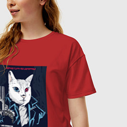 Футболка оверсайз женская Кот Терминатор пародия, цвет: красный — фото 2
