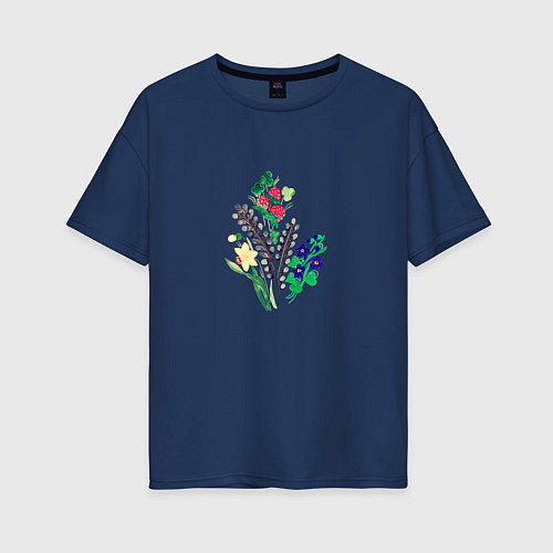 Женская футболка оверсайз Разные цветы / Тёмно-синий – фото 1