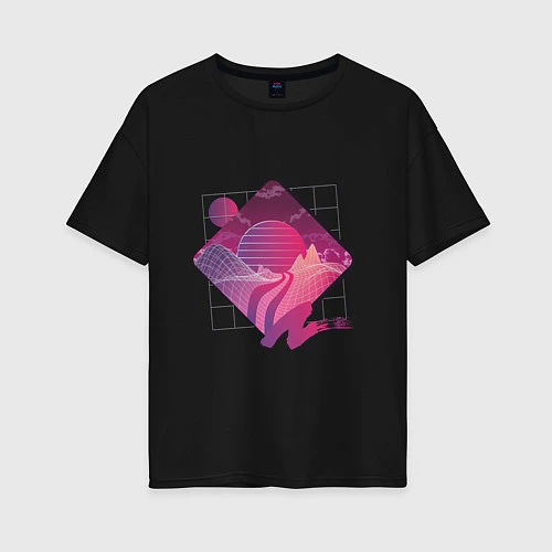 Женская футболка оверсайз Пейзаж в стиле Retrowave / Черный – фото 1