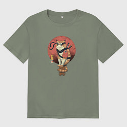 Футболка оверсайз женская Кот самурай, цвет: авокадо