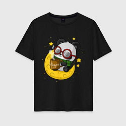 Футболка оверсайз женская Милая панда пьет кофе на луне, цвет: черный