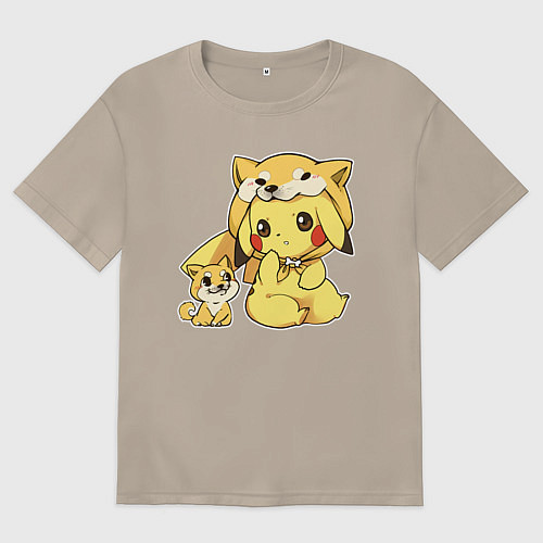 Женская футболка оверсайз Пикачу и корги / Миндальный – фото 1