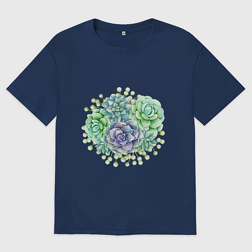 Женская футболка оверсайз Рисунок суккуленты / Тёмно-синий – фото 1