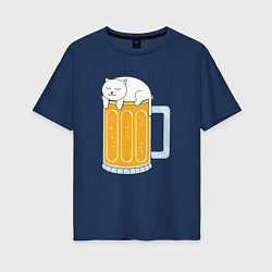 Футболка оверсайз женская Beer Cat, цвет: тёмно-синий