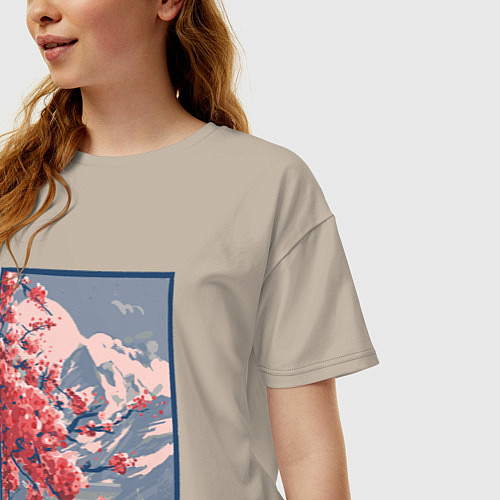 Женская футболка оверсайз Цветение Сакуры на фоне Фудзи / Миндальный – фото 3