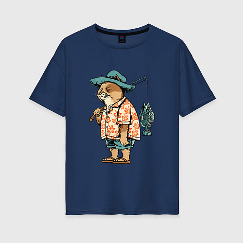 Женская футболка оверсайз Кот рыбак / Тёмно-синий – фото 1