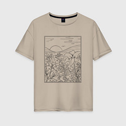 Женская футболка оверсайз Пейзаж с холмами и цветами