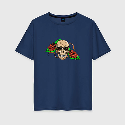 Женская футболка оверсайз Череп и розы / Тёмно-синий – фото 1
