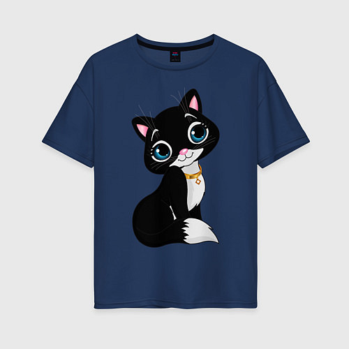 Женская футболка оверсайз Домашняя кошечка / Тёмно-синий – фото 1