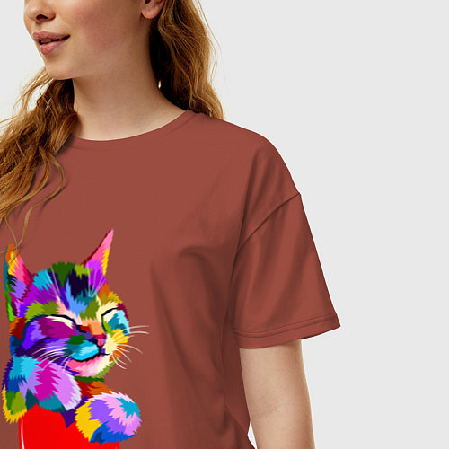 Женская футболка оверсайз РАДУЖНЫЙ КОТИК RAINBOW KITTY / Кирпичный – фото 3