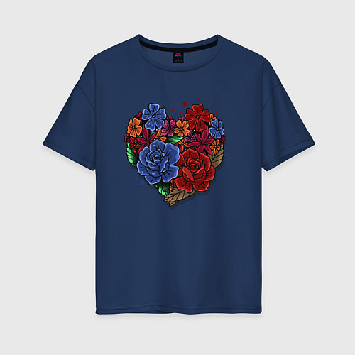 Женская футболка оверсайз Цветочное сердце / Тёмно-синий – фото 1