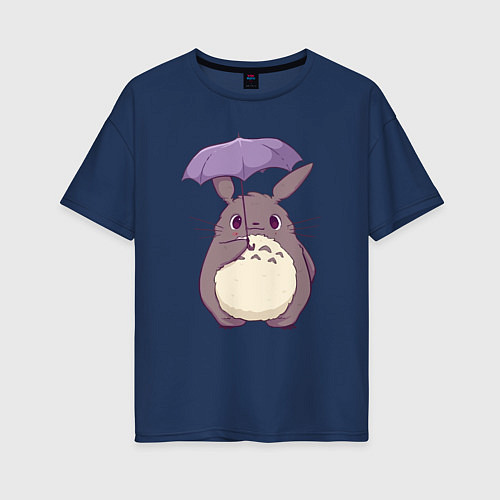 Женская футболка оверсайз Кавайный Тоторо с зонтиком / Тёмно-синий – фото 1
