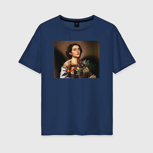 Женская футболка оверсайз Тимоти Шаламе картина корзина с фруктами Timothee / Тёмно-синий – фото 1