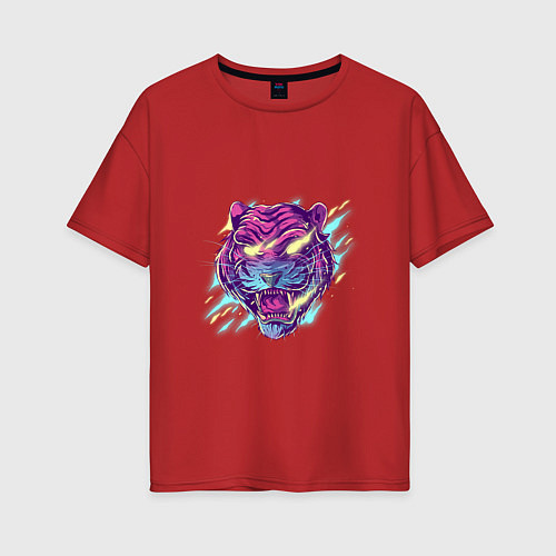 Женская футболка оверсайз Неоновый тигр в ретро стиле / Красный – фото 1