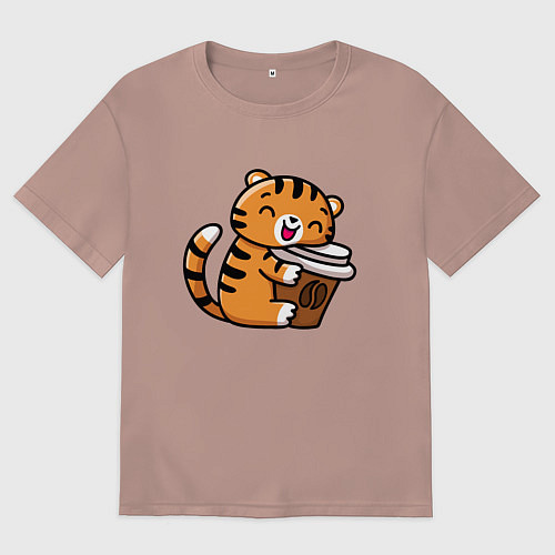 Женская футболка оверсайз Тигренок и кофе / Пыльно-розовый – фото 1