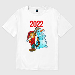 Футболка оверсайз женская Тигр и снеговик 2022, цвет: белый