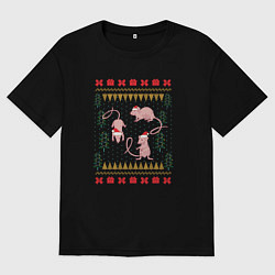 Футболка оверсайз женская Рождественский свитер Лабораторные мыши, цвет: черный
