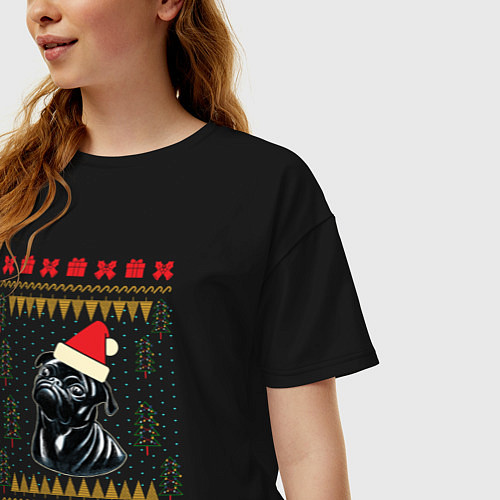 Женская футболка оверсайз Рождественский свитер Черный мопс / Черный – фото 3