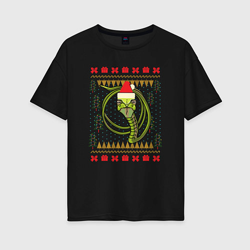 Женская футболка оверсайз Рождественский свитер Скептическая змея / Черный – фото 1