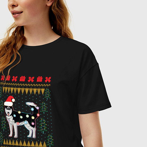 Женская футболка оверсайз Рождественский свитер Хаски / Черный – фото 3
