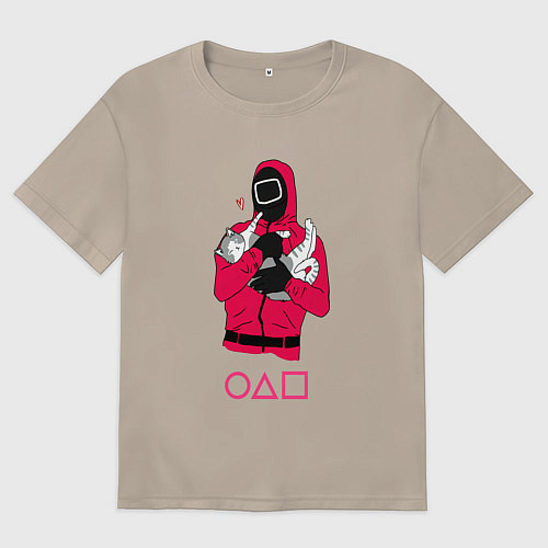 Женская футболка оверсайз Игра в кальмара - милый котик / Миндальный – фото 1