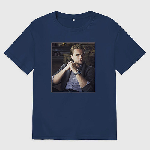 Женская футболка оверсайз Леонардо Ди Каприо, фотопортрет / Тёмно-синий – фото 1