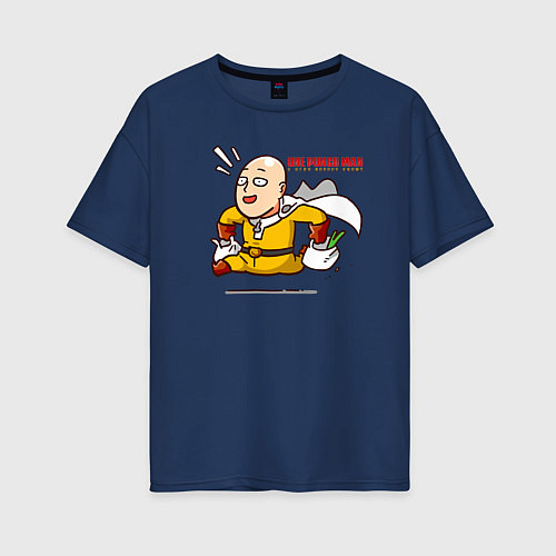 Женская футболка оверсайз Счастливый Сайтама с пакетами продуктов One Punch- / Тёмно-синий – фото 1