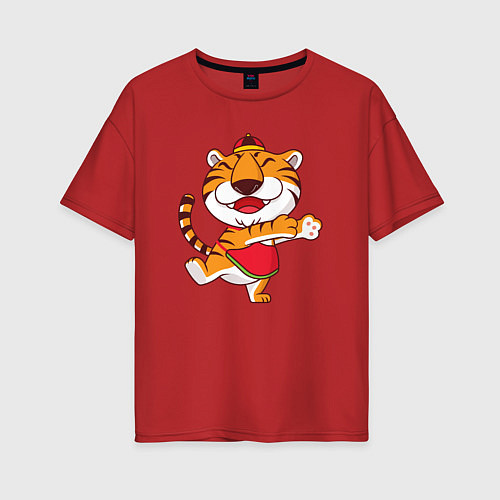 Женская футболка оверсайз Танцующий тигр / Красный – фото 1