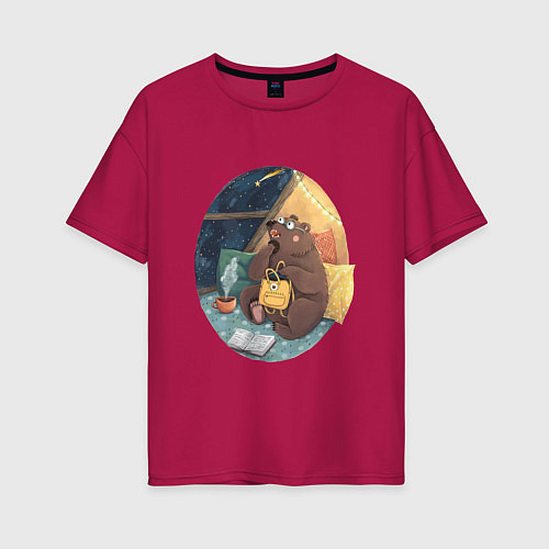 Женская футболка оверсайз Мечтающий медведь / Маджента – фото 1