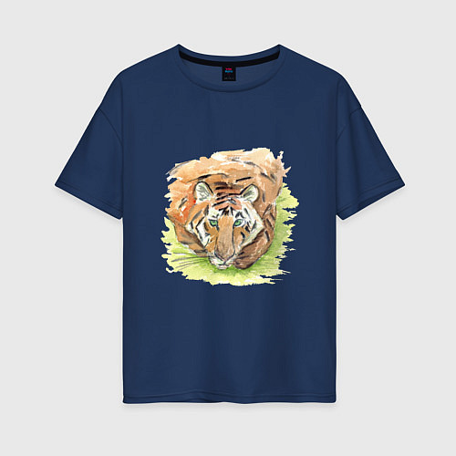 Женская футболка оверсайз Портрет тигра с зелёными глазами / Тёмно-синий – фото 1
