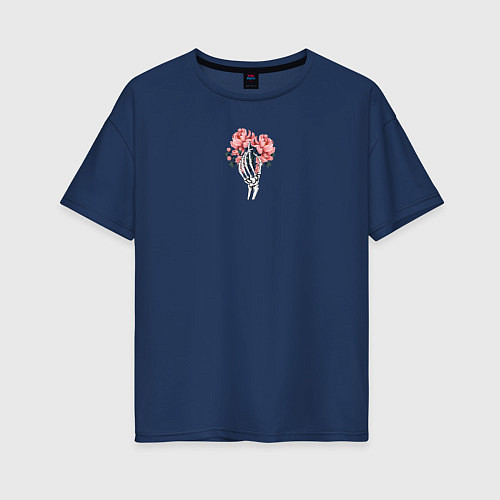 Женская футболка оверсайз Скелет и пионы - современно и молодежно / Тёмно-синий – фото 1