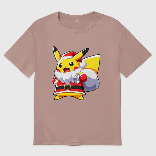 Женская футболка оверсайз НОВОГОДНИЙ ПИКАЧУ САНТА КЛАУС / Пыльно-розовый – фото 1