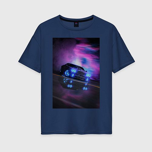 Женская футболка оверсайз Авто в неоне / Тёмно-синий – фото 1