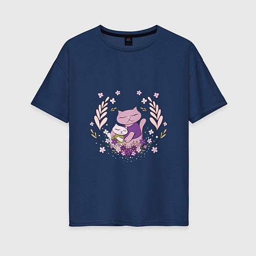 Женская футболка оверсайз Розовые кошечка с котёнком в рамочке из цветов / Тёмно-синий – фото 1