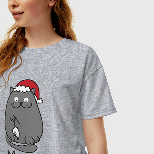 Женская футболка оверсайз Новогодний кот с мышкой в лапах / Меланж – фото 3
