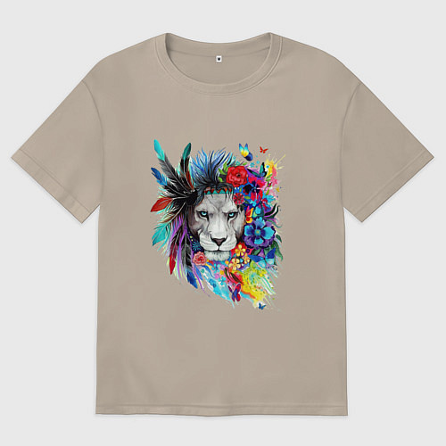 Женская футболка оверсайз Лев в цветах и перьях / Миндальный – фото 1