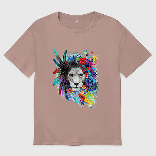 Женская футболка оверсайз Лев в цветах и перьях / Пыльно-розовый – фото 1