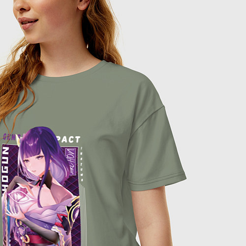 Женская футболка оверсайз Райдэн Shogun Raiden с надписями Genshin Impact / Авокадо – фото 3