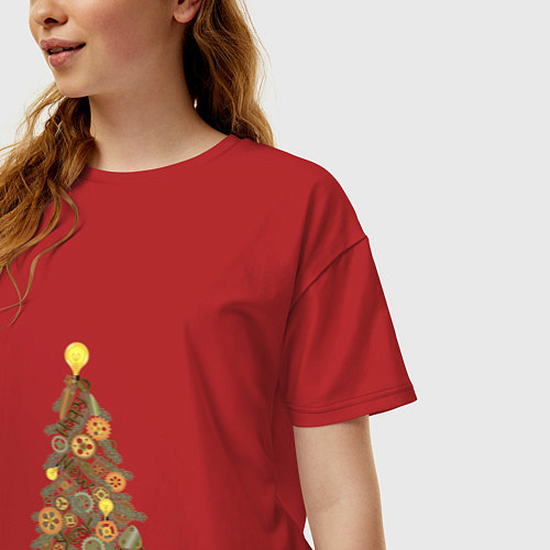 Женская футболка оверсайз Новогодняя стимпанк ёлка / Красный – фото 3